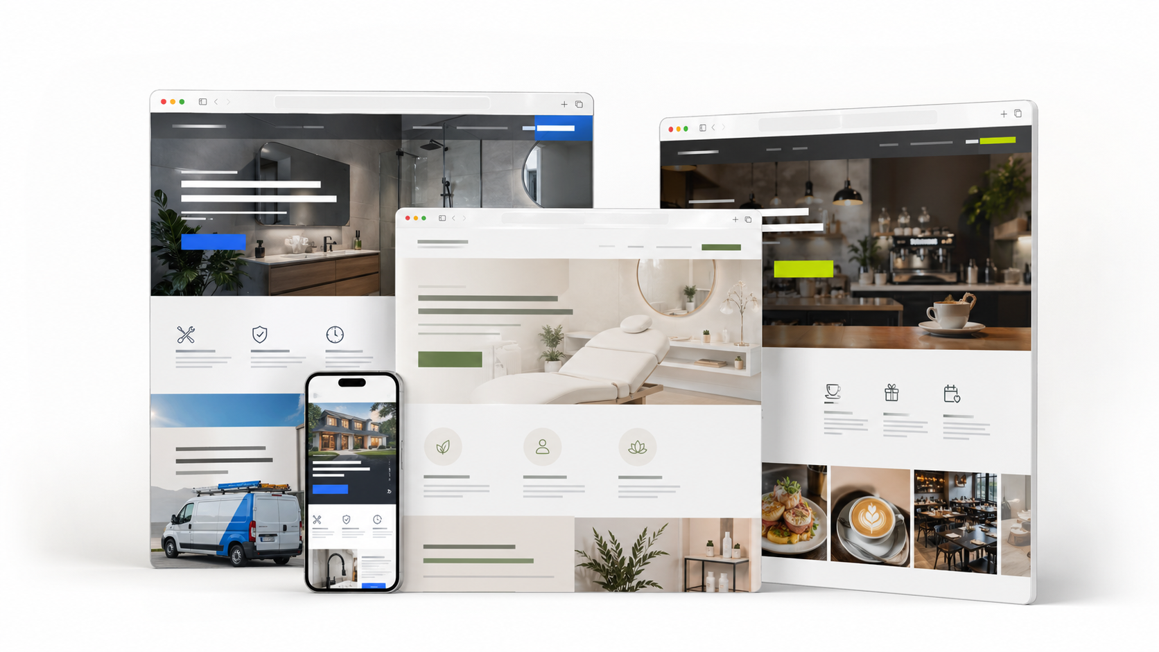 Layered previews of modern small-business websites on desktop and mobile devices